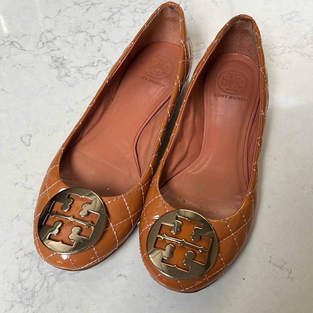 Tory Burch quilted leather ballet flats in tan.
